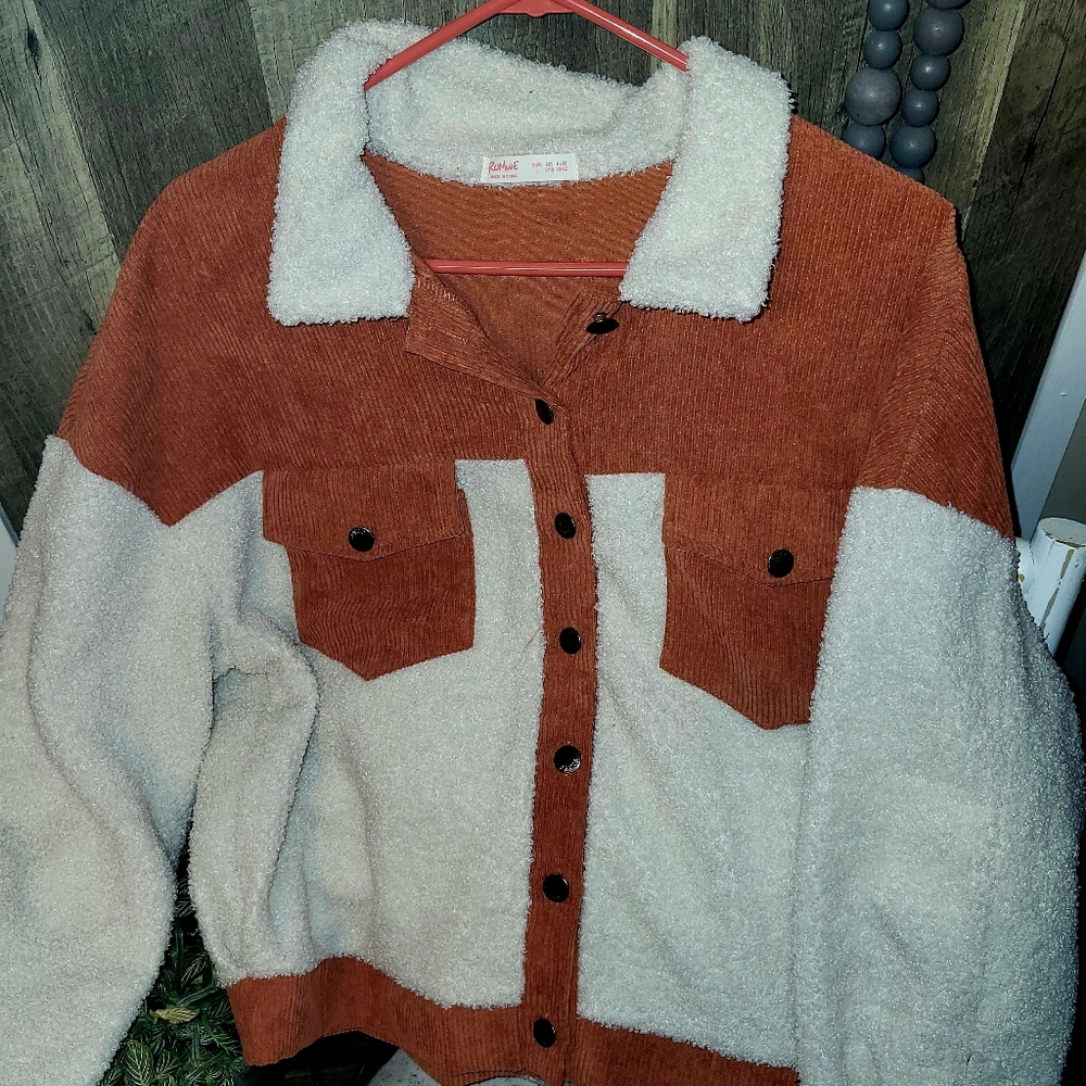 ROMWE Rust and Cream Teddy Jacket Size L